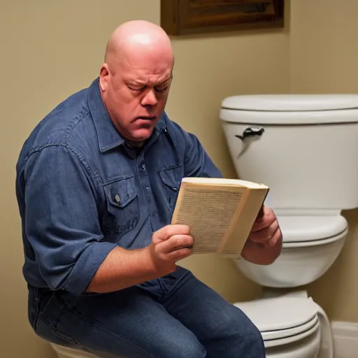 Image similar to a picture of hank schrader with a confused expression sitting on a toilet, reading a book