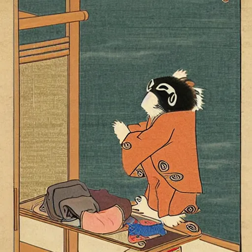 Image similar to Tanuki doing his laundry in the style of ukiyo-e