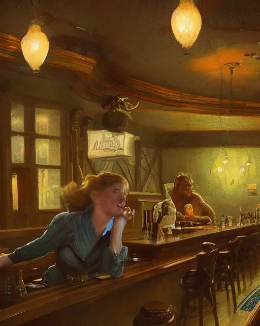 Prompt: a beautiful barmaid, dimly lit cozy tavern, relaxed pose, fantasy, art deco, detailed painterly digital art style by Francis Bacon, 😍 , 8k octane beautifully detailed render, post-processing, extremely hyperdetailed, in the style of Francis Bacon and Syd Mead and Edward Hopper and Norman Rockwell and Beksinski, open ceiling, highly detailed, painted by Francis Bacon, painted by James Gilleard, surrealism, airbrush, Ilya Kuvshinov, WLOP, Stanley Artgerm, very coherent, art by Takato Yamamoto and James Jean