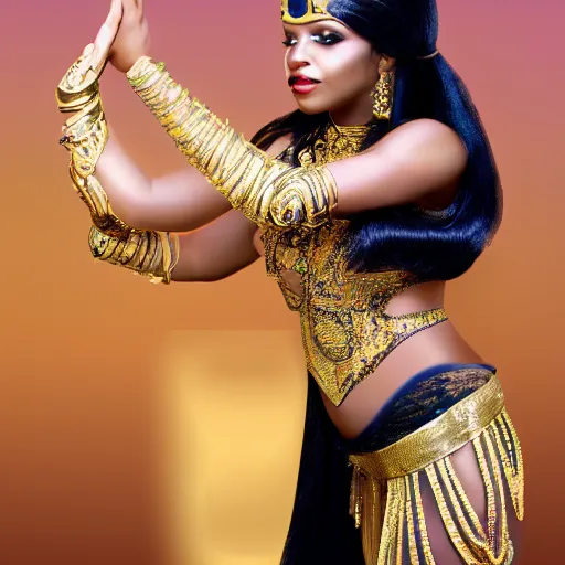 Image similar to aesthetic!!!!!! Female genie in Arabic clothing, black skin, long black hair, gold tint, frontal pose, super resolution, graphex camera!!!!!!!!!!!! Full-length view,