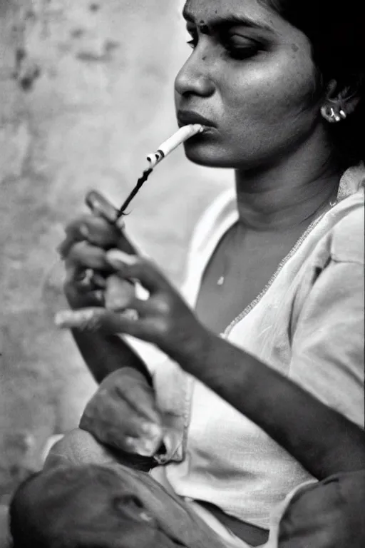 Prompt: portrait of a sri lankan woman smoking cigarette, 8 0's style, high - fidelity