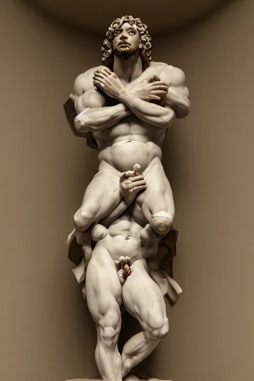 Prompt: Sam Hyde sculpted as a Greek God by Michaelangelo, sigma male, rule of thirds, award winning photo, unreal engine, studio lighting, set in Greek museum