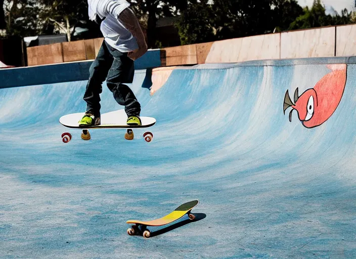 Image similar to a fish is skating on a skateboard in a half pipe