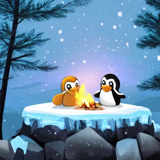 Image similar to two happy cute chibi penguins sitting around a campfire near a cave entrance to a mountain, there is a forest of trees in the background and a small frozen lake in the distance, trending on artstation, 3d digital artwork, cinematic lighting, 4K, very full detail, vector, amazing artwork, trending on Behance award-winning art, kawaii