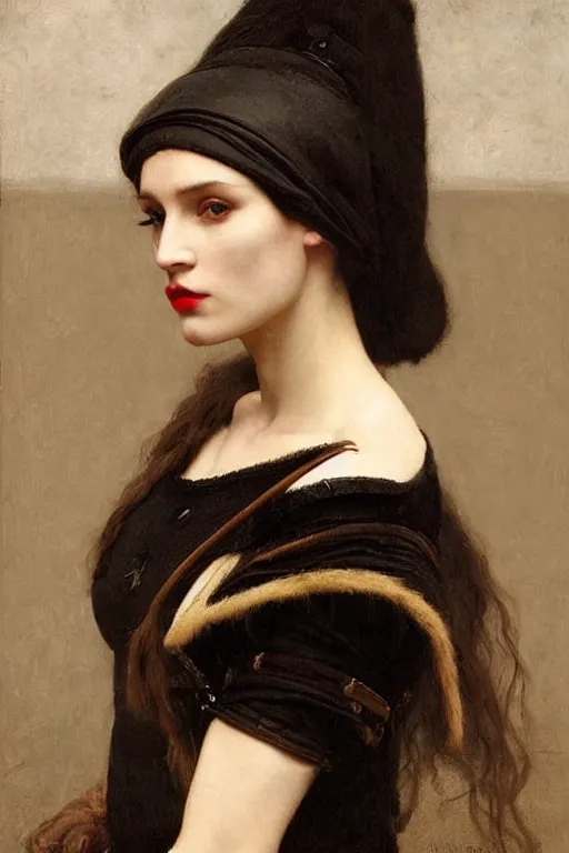 Image similar to portrait of a warrior, slavic woman, very beautiful face, pleasant facial features, red lips, long snow - white hair, black closed velvet dress, leather armor, iron armor, white boots, clothes alexander mcqueen very beautiful style, photorealism, bouguereau, edgard maxence