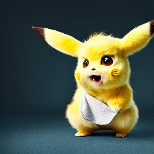 Image similar to portrait sneezing mid - sneeze cute detective pikachu mid - sneeze wiping face with rag at a photoshoot studio lighting