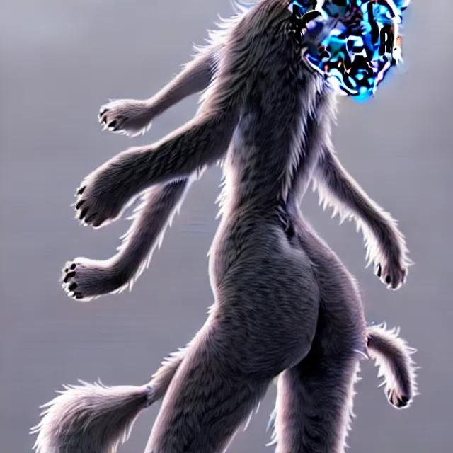 Image similar to the full body of anthropomorphic lynx fursona from behind wearing a steampunk suit as unimaginably beautiful, gorgeous, elegant, young woman with lynx head, an ultrafine hyperdetailed illustration by furaffinity, intricate linework, white fur, unreal engine 5 highly rendered, global illumination, radiant light, detailed and intricate environment