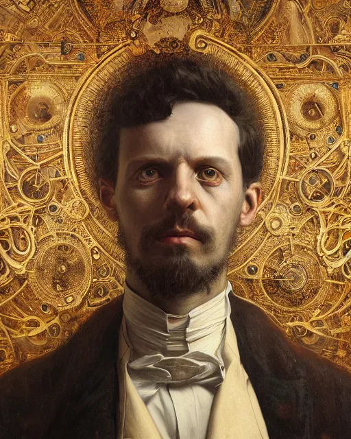 Image similar to epic portrait of victorian man scientist, steampunk, highly detailed, intricate details, symmetry, golden ratio, hyperrealistic, photorealistic, oil painting by rutkowski and beksinski, trending on artstation, deviantart