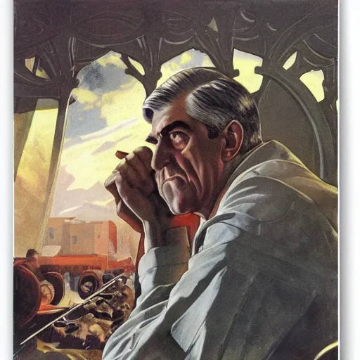 Image similar to soviet propaganda of robert mueller, by j. c. leyendecker, bosch, and beksinski