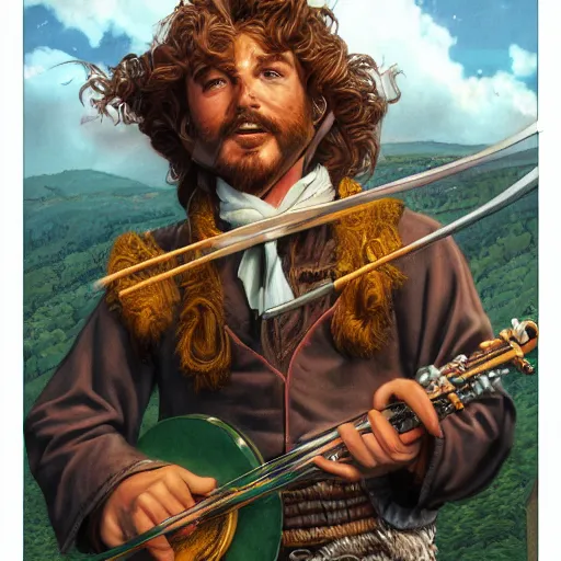 Prompt: Travelling bard wandering the town, by Joe Jusko