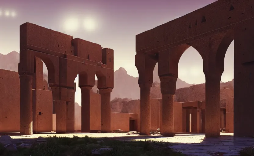 Image similar to exterior shot of utopian ancient persian architecture with cinematic lighting by peter zumthor and renzo piano, darek zabrocki and greg ruthkowski, simon stalenhag, cinematic, holy place, paradise, scifi, futurism, atmospheric, concept art, artstation, trending on artstation