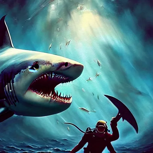Prompt: a dream fantasy painting of ( white shark with blood teeth ) near a scuba diver, in the deep, trending on artstation, deviantart, matte painting by antonio j. manzanedo,