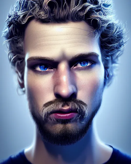 Prompt: portrait of a man in his mid - twenties with dull blue eyes, curly blond hair, short goatee, ultra realistic, epic, highly detailed, hd, sharp focus, cinematic lighting, realistic, dreamy, vivid colors, dreary, morose, matt painting, digital art, non blurry, sharp, artstation, concept art, smooth, illustration