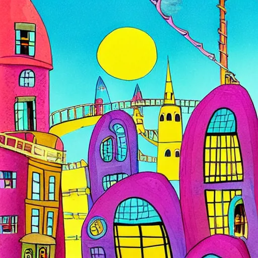 Image similar to fanciful city filled with curvy buildings, by dr seuss, oh the places you'll go, arches, platforms, towers, bridges, stairs, colorful kids book illustration