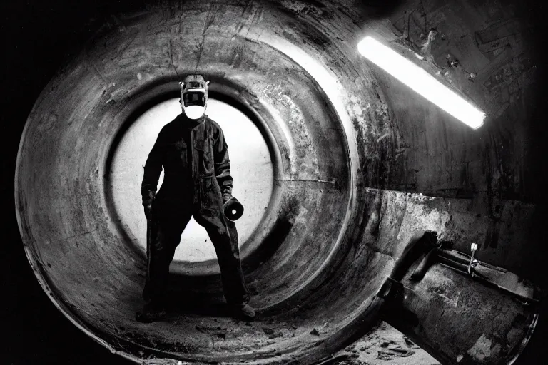 Prompt: welder wearing welding mask hiding in a sewage pipe, ominous lighting, by richard avedon, tri - x pan stock