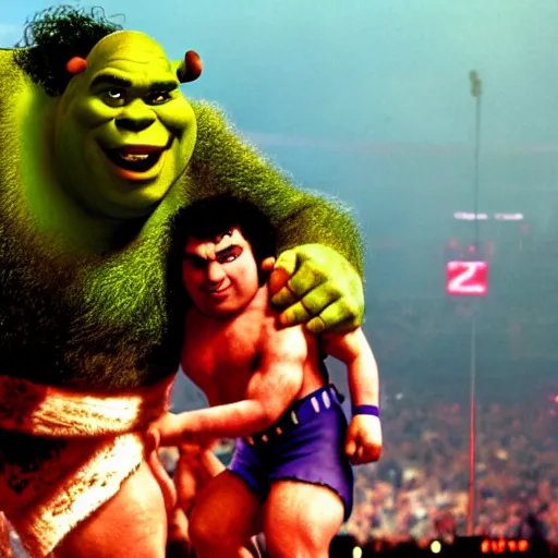 Image similar to shrek vs andre the giant at wrestlemania 8, dramatic lighting, 8k , WWE poster