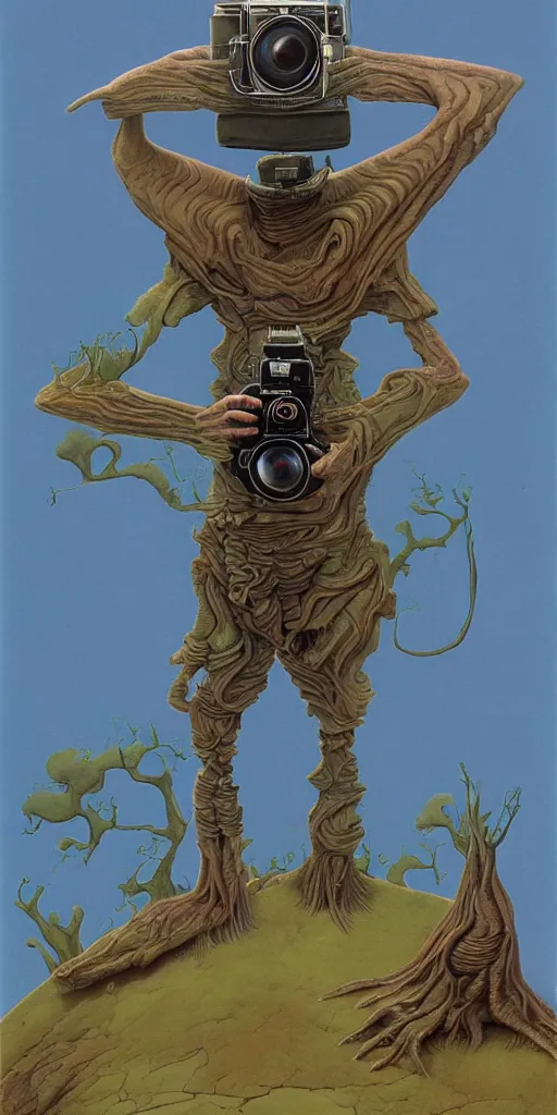 Image similar to a man with a camera head by Roger Dean, hyper detailled, trending on artstation