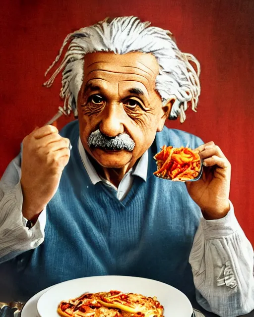 Image similar to a portrait of albert einstein sitting at the dining table with a plate containing manchurian in front of him, highly detailed, trending on artstation, bokeh, 9 0 mm, f / 1. 4