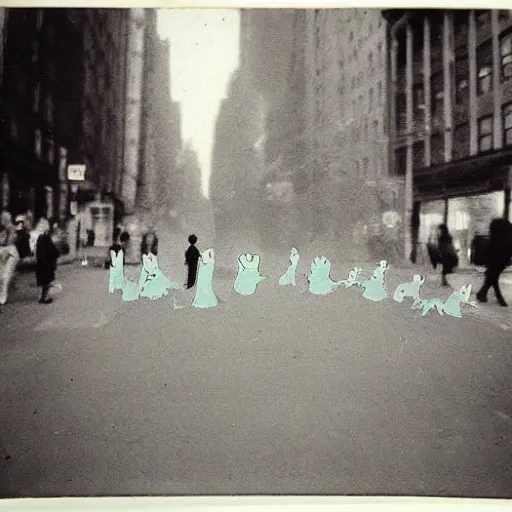 Image similar to wide-shot low-angle cat's eyesight photo of empty!!! animated walking ghostly people (((heads))) at the street in New York, polaroid photo, by Andy Warhol, signed