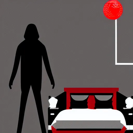 Prompt: big black demon shadow figure standing behind someone making the bed wearing a red basketball cap, nightmare digital art, artstation, ultra detailed, beautiful aesthetic art
