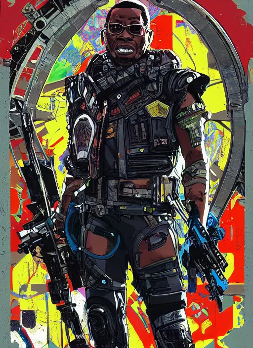 Image similar to chidi igwe. futuristic cyberpunk mercenary in sleek combat gear. portrait illustration, pop art, splash painting, art by geof darrow, ashley wood, alphonse mucha, makoto shinkai