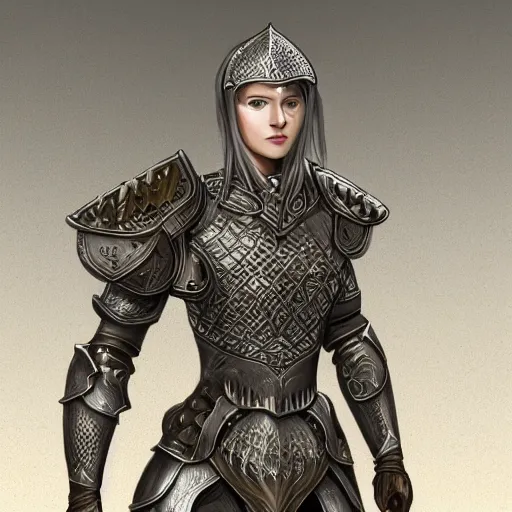 Prompt: female knight, intricate etched armor, standing astride a gate, artstation, in the style of Lucia Hsiang, clean