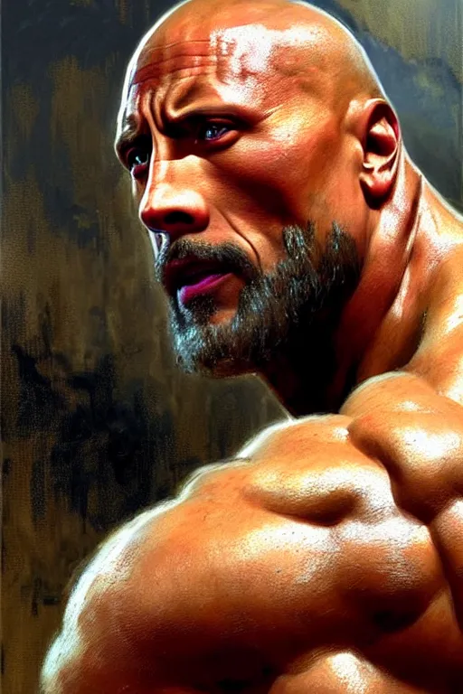Image similar to Dwayne Johnson as gladiator, muscular, detailed face, correct face, painting by Gaston Bussiere, Craig Mullins