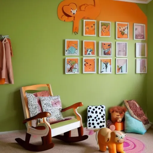 Image similar to interior design baby room, orange and green pastel colours, sunset, safari animals, lion water colours pictures against wall, wood cot and shelves with rocking chair