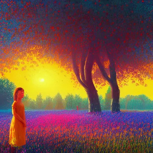 Image similar to girl of flowers, standing in a flower field, big trees, sunrise dramatic light, impressionist painting, colorful clouds, digital painting, pointillism, artstation, simon stalenhag