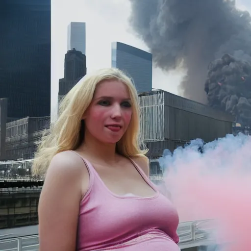 Image similar to a beautiful blonde pregnant woman, in front of the collapsing world trade center on 9 / 1 1 with pink smoke, 1 2 0 mm, clear details, award winning