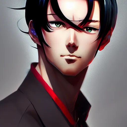 Prompt: anime portrait of a slick black hair guy with red eyes by stanley artgerm lau, wlop, rossdraws, james jean, andrei riabovitchev, marc simonetti, and sakimichan, trending on artstation