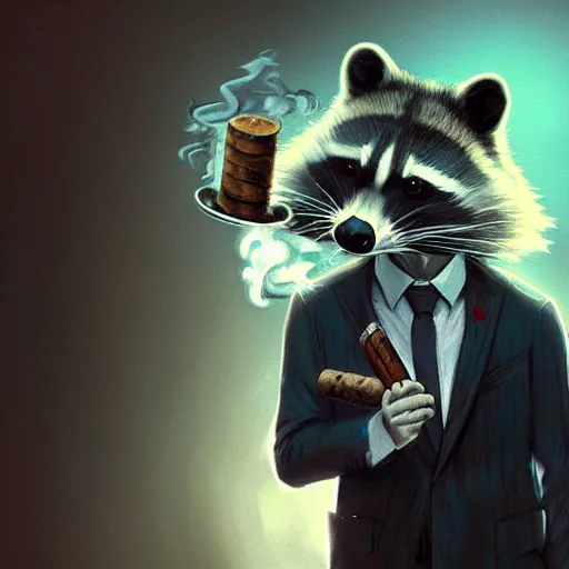 Image similar to a racoon wearing a suit smoking a cigar on his mouth, dramatic lighting, cinematic, establishing shot, extremly high detail, photorealistic, cinematic lighting, artstation, style by James Gurney