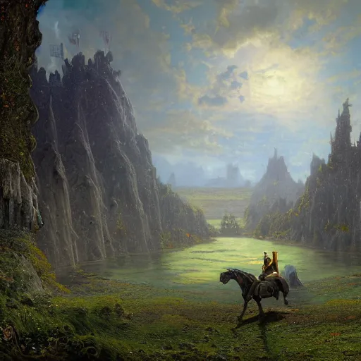 Prompt: beautiful matte art of a big castle in a serene landscape, a knight riding a horse, dragons flying, by albert bierstadt, green grass, highly detailed, crystal lighting, mystical, forest, hyperrealistic, 4 k, unreal engine, magical, by joe fenton, by greg rutkowski, by greg tocchini, by kaws, by kate beaton, by kaethe butcher
