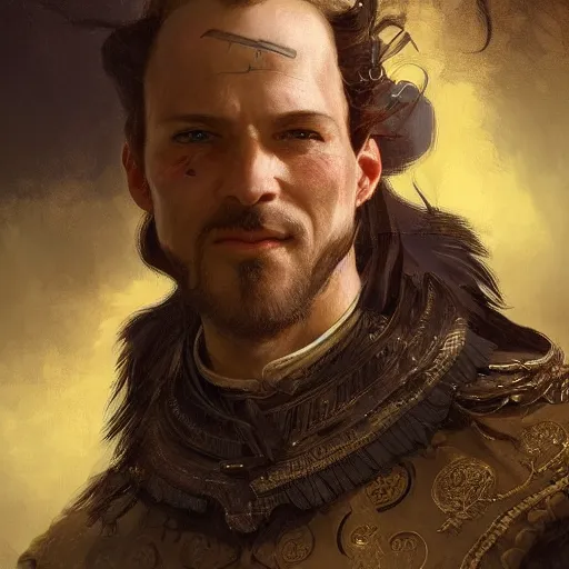 Image similar to hungarian nobleman, portrait, headshot, D&D, fantasy, highly detailed, digital painting, artstation, concept art, sharp focus, illustration, art by artgerm and greg rutkowski and alphonse mucha