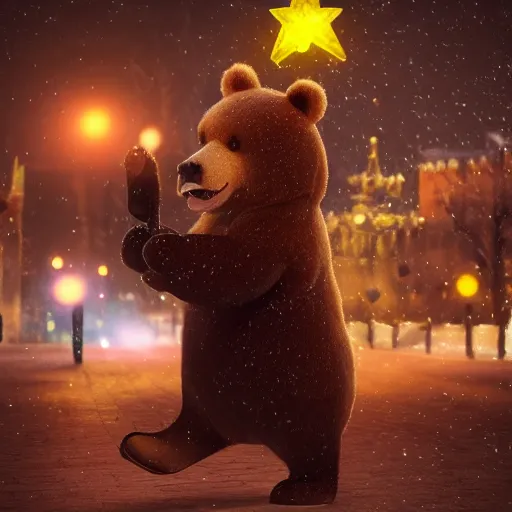 Prompt: smiling brown bear playing yellow triangular Gibson Flying-V electroguitar in hat in winter at streets of Moscow, sharp focus, fantasy style, octane render, volumetric lighting, 8k high definition, by greg rutkowski, highly detailed, trending on art Station