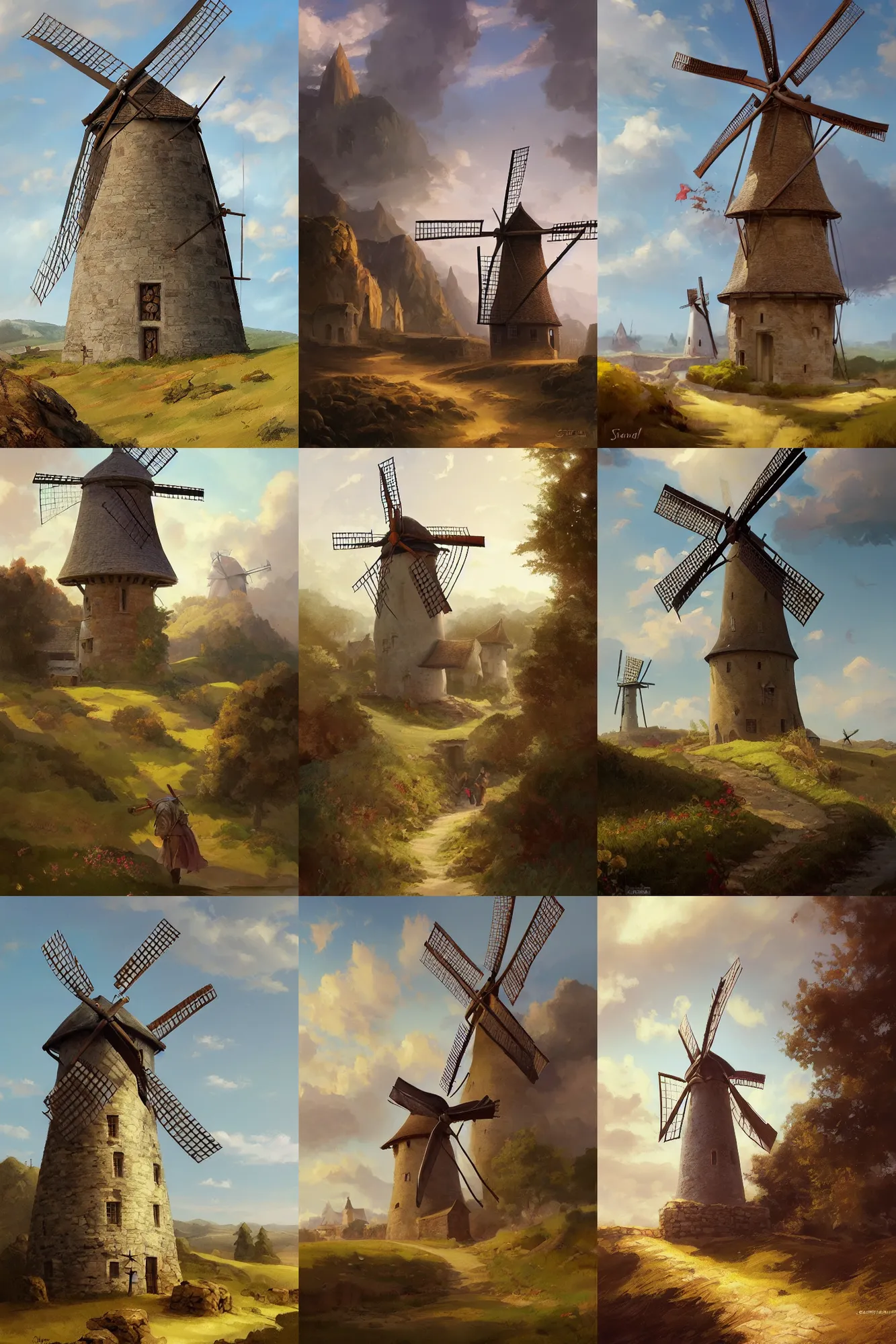 Prompt: windmill, very long shot, medieval french landscape, by stanley artgerm lau, wlop, rossdraws, frank frazetta, andrei riabovitchev, marc simonetti, tranding on artstation