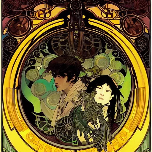 Image similar to alphonse mucha yoji shinkawa moebius jean girard shintaro kago junji ito esoteric hypnogogic ethereal ethereality dreamy combat mech dieselpunk incredible intricate machinery illusionary art and trash polka