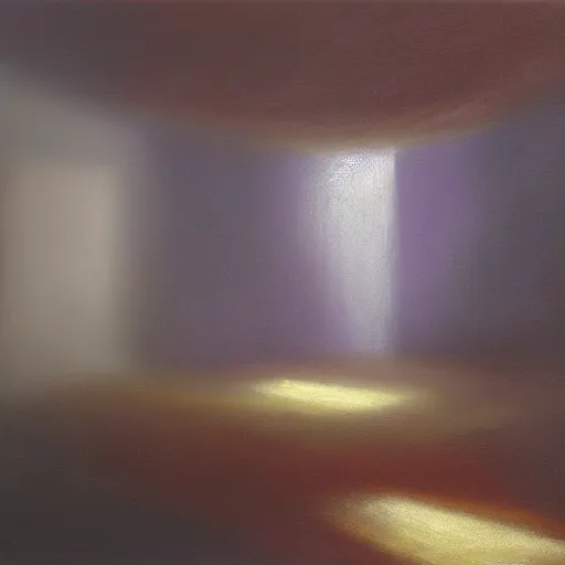 Prompt: A room, fog, a person looking up, light casting down ominous glow, tranquillity, serene, dreamy atmosphere, oil on canvas with vibrant pastel colours