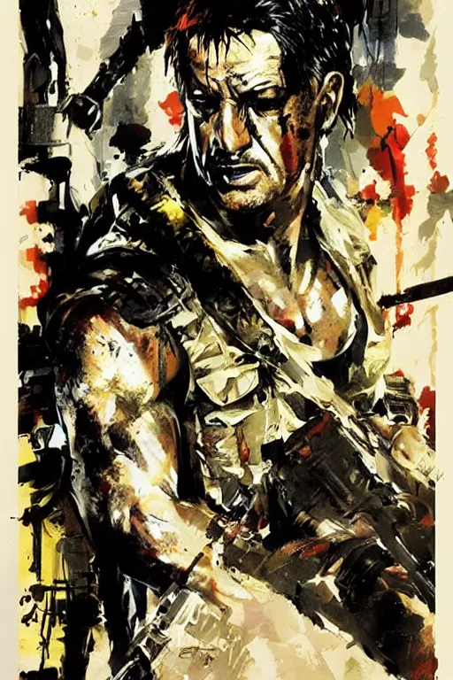 Prompt: a movie poster illustration of Stallone as Rambo by Yoji Shinkawa and Ashley Wood