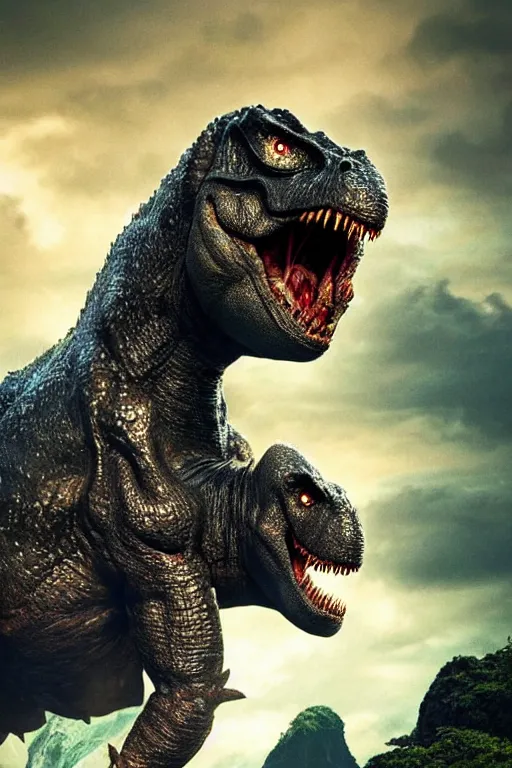 Prompt: fantasy scifi movie Poster, carnivore dinosaur, Tyrannosarus Rex, portrait, from kong skull Island (2017), from jurassic World (2015), from pacific rim (2013) from King kong (2005), trex from godzilla (2014), cgsociety, ArtStation, by Frank frazetta, by drew struzan, alosaurus, spinosaurus, velociraptor