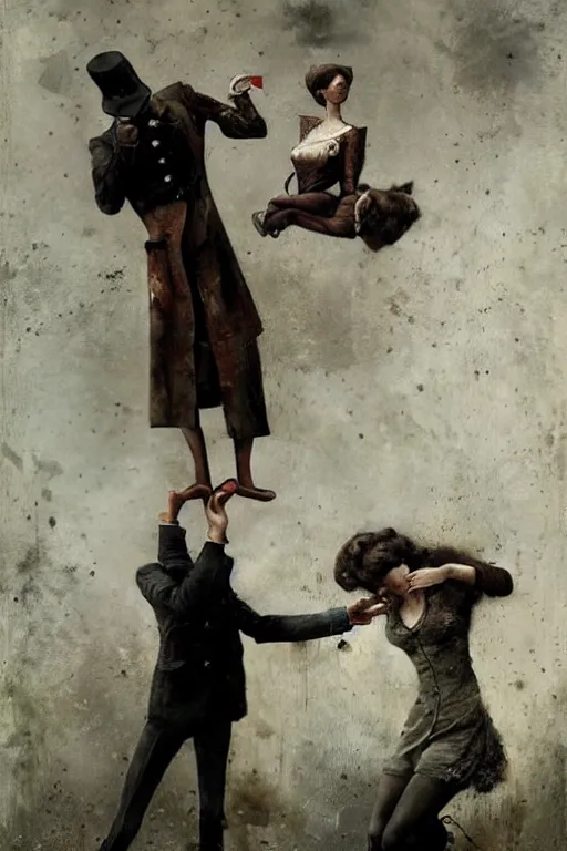 Image similar to man breaking into pieces while a woman tries to hold the fallen parts, surreal, ray caesar, john constable, guy denning