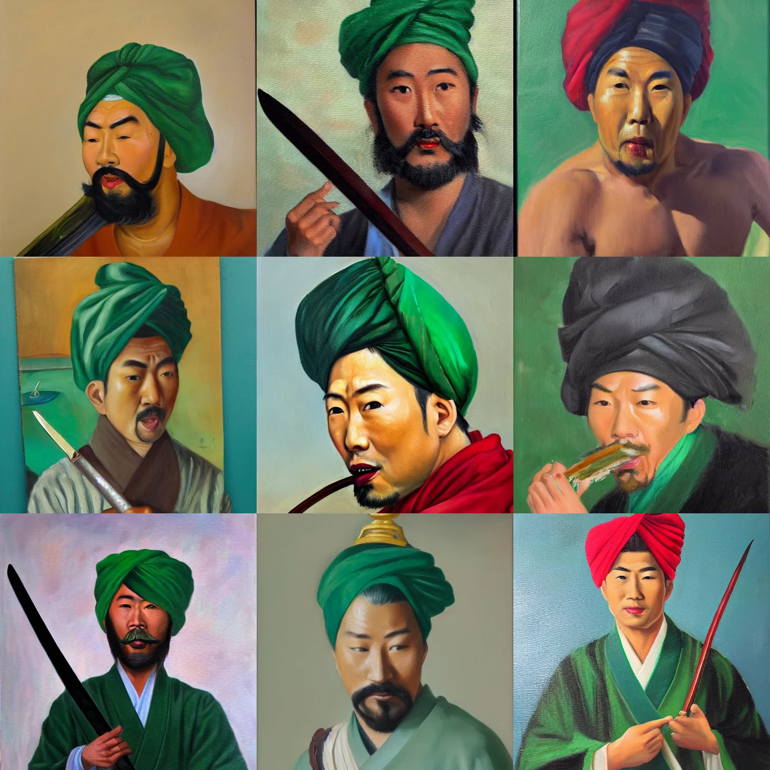 Prompt: An oil painting of a handsome Asian man in a green turban biting the handle of a Japanese samurai sword and looking wickedly at the viewer