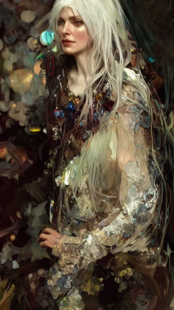Image similar to a highly detailed beautiful white haired woman, adorned with precious stones, by jeremy mann and alphonse mucha 4 k resolution, trending on artstation, very very detailed, masterpiece, stunning,
