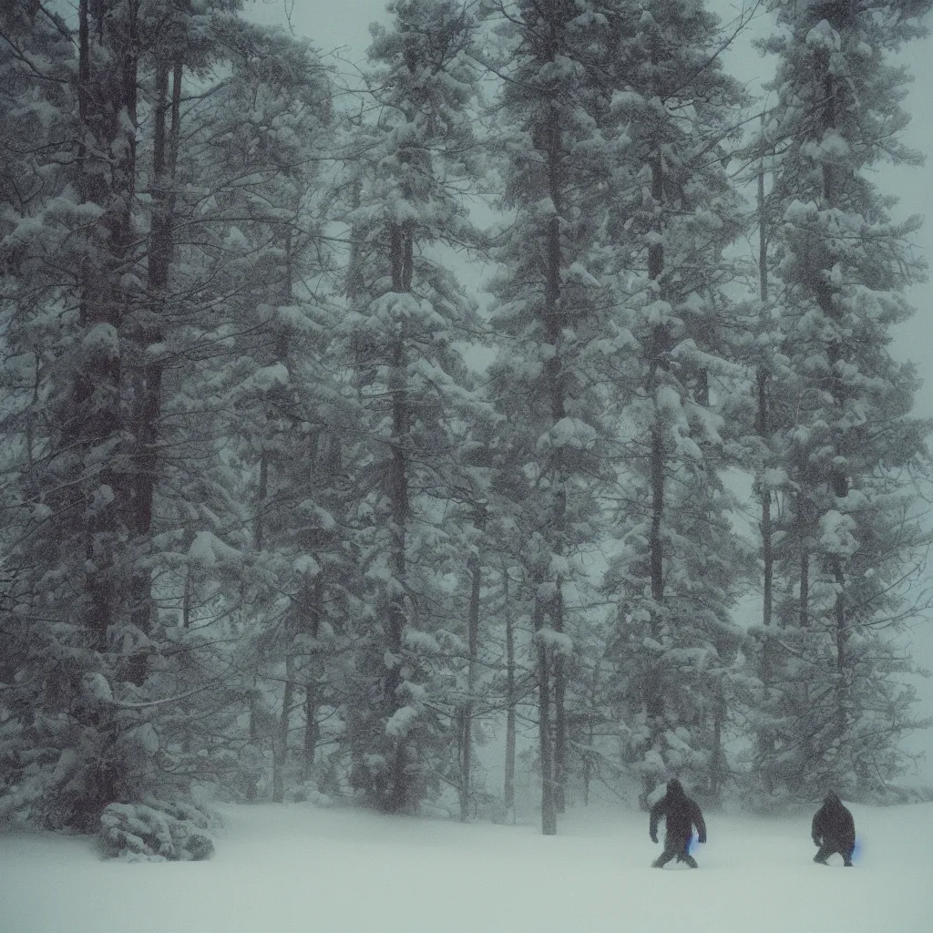 Image similar to photo, bigfoot is hiding in the background. cold color temperature, snow storm. hazy atmosphere. humidity haze. kodak ektachrome, greenish expired film, award winning, low contrast