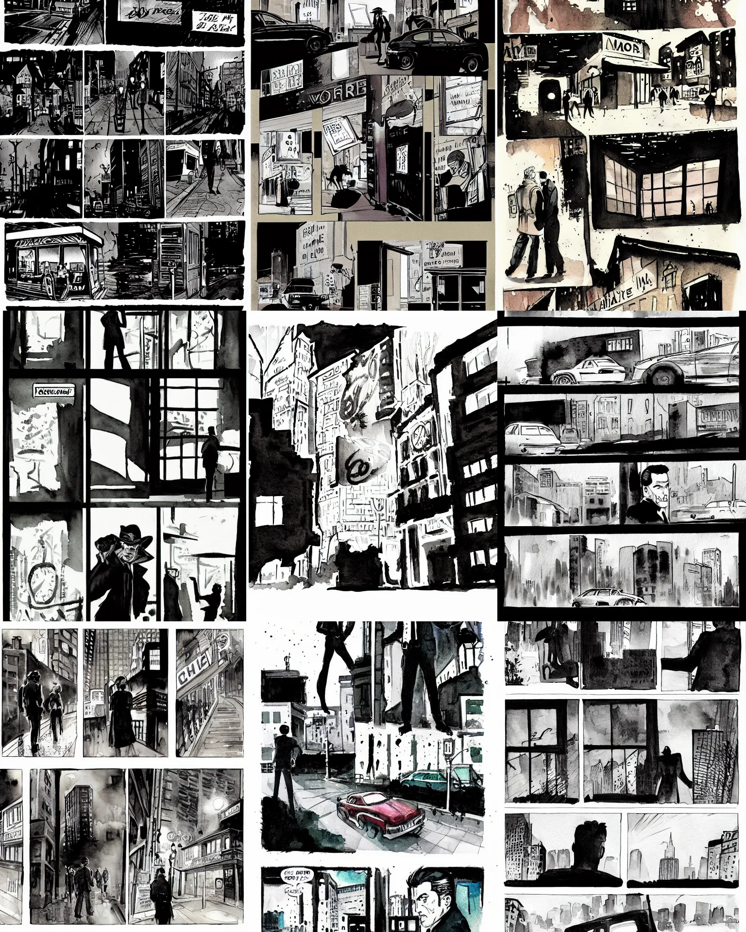 Prompt: a noir comic book page drawn with watercolor
