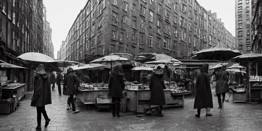 Image similar to medium shot of market stall with umbrellas : sadie sink in hoodie. in ruined square, pedestrians on both sides. steampunk tenements in background : 3 5 mm film, anamorphic, from schindler's list by steven spielberg. cyberpunk, cinematic atmosphere, detailed and intricate, perfect anatomy