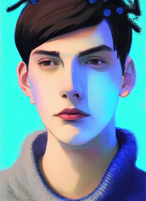 Image similar to portrait of teenage jughead jones wearing a light grey crown, crown, blue turtleneck, closed eyes, photorealistic, black hair, glowing lighting, intricate, elegant, glowing lights, highly detailed, digital painting, artstation, concept art, smooth, sharp focus, illustration, art by wlop, mars ravelo and greg rutkowski