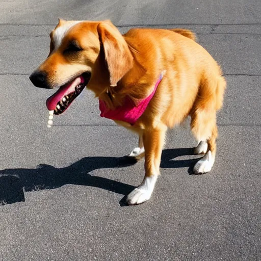 Image similar to dog that has normal human legs for legs, eating wheat treats,