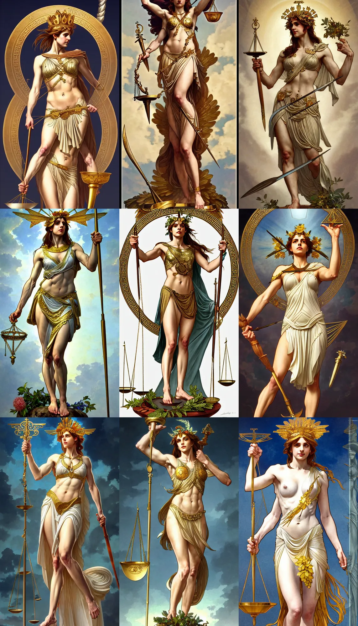 Prompt: a full body portrait of themis the greek goddess, holding the scales of justice!! wearing a laurel wreath, extremely beautiful, precise anatomy, by artgerm and by greg rutkowski and by alphonse mucha and by simon bisley, radiant light, detailed and intricate environment
