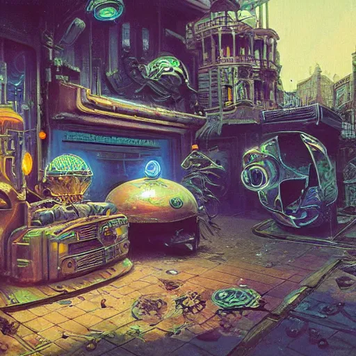 Image similar to painting of syd mead artlilery scifi fish tank with ornate metal work lands on a sidewalk, filigree ornaments, volumetric lights, simon stalenhag, beksinski